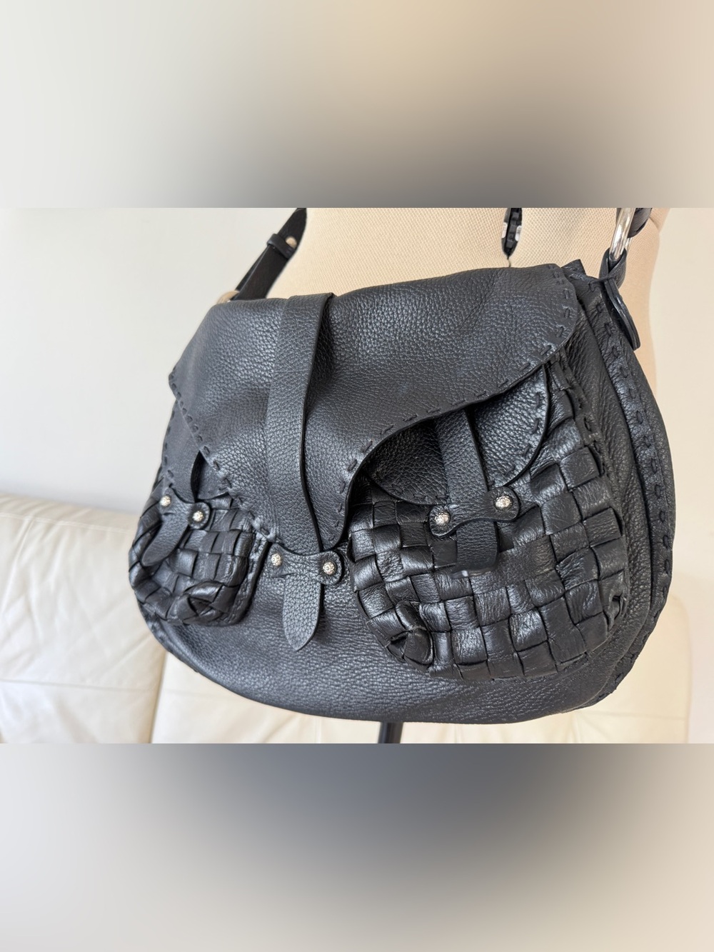 Italian Black Leather Biker Messenger Bag Woven Studded Boho Grunge Crossbody